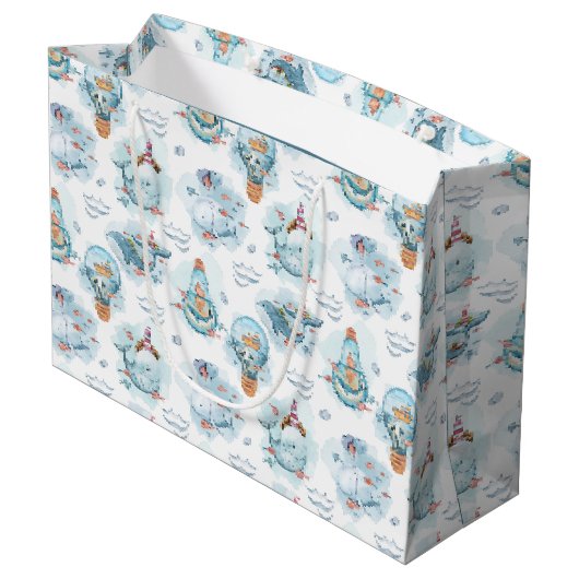 Cute Nautical Whales Waterverf Pattern Groot Cadeauzakje (Achterkant Gekanteld)