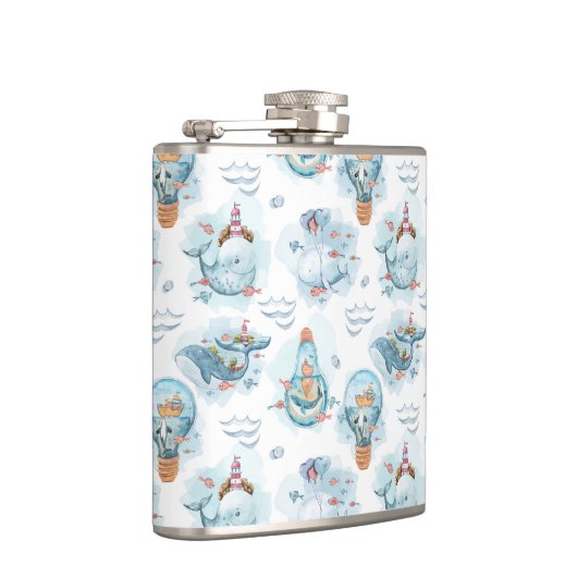 Cute Nautical Whales Waterverf Pattern Heupfles (Rechts)