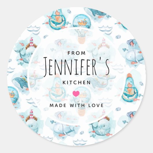 Cute Nautical Whales Waterverf Pattern Kitchen Ronde Sticker (Voorkant)