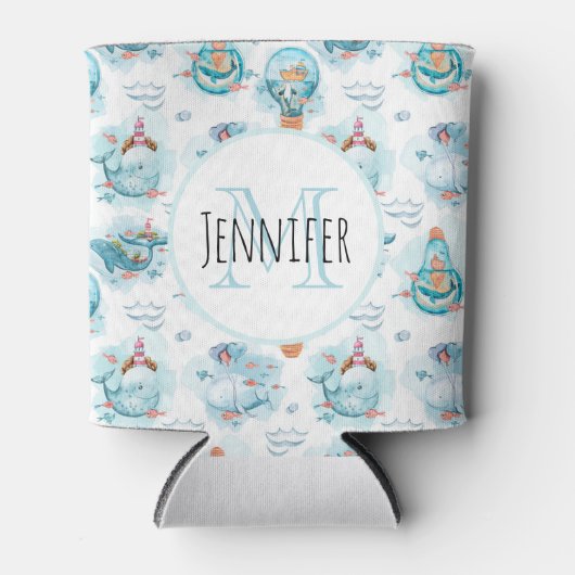 Cute Nautical Whales Waterverf Pattern Monogram Blikjeskoeler (Voorkant)