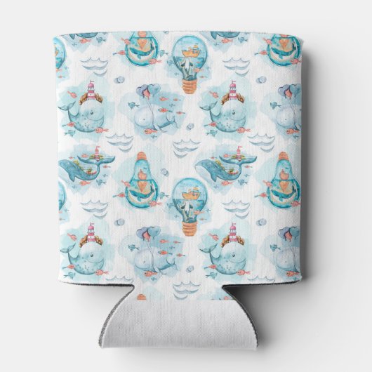 Cute Nautical Whales Waterverf Pattern Monogram Blikjeskoeler (Achterkant)