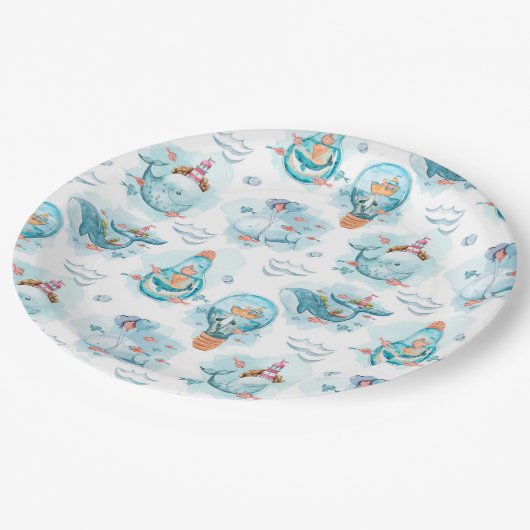 Cute Nautical Whales Waterverf Pattern Papieren Bordje (Gekanteld)