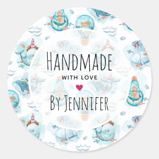 Cute Nautical Whales Waterverf Pattern Ronde Sticker (Voorkant)