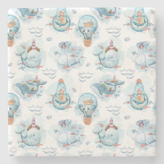 Cute Nautical Whales Waterverf Pattern Stenen Onderzetter (Voorkant)
