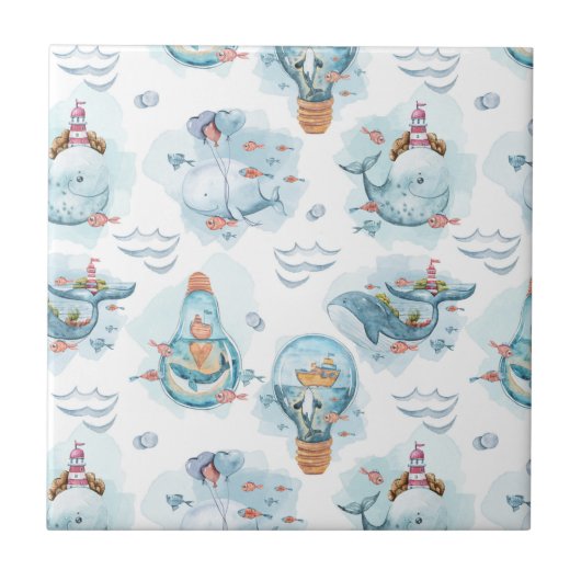 Cute Nautical Whales Waterverf Pattern Tegeltje (Voorkant)