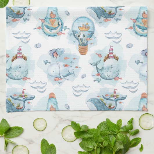 Cute Nautical Whales Waterverf Pattern Theedoek (Gevouwen)