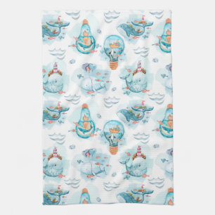 Cute Nautical Whales Waterverf Pattern Theedoek