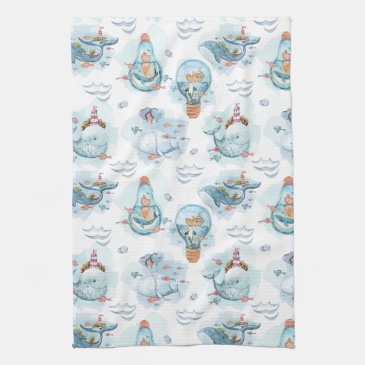 Cute Nautical Whales Waterverf Pattern Theedoek (Verticaal)