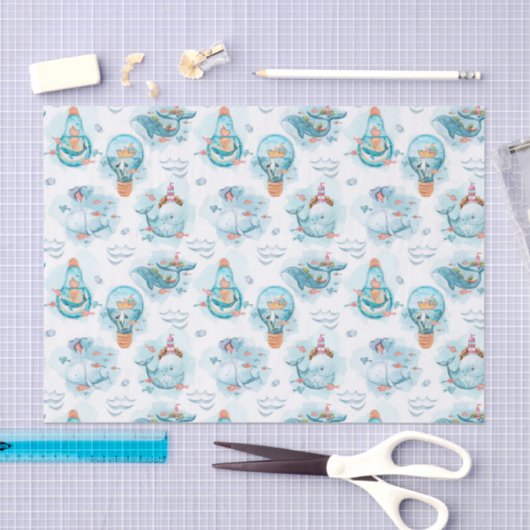 Cute Nautical Whales Waterverf Pattern Tissuepapier (Craft)