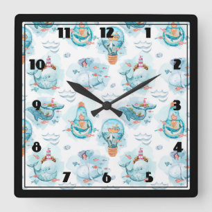 Cute Nautical Whales Waterverf Pattern Vierkante Klok