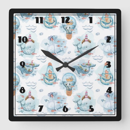 Cute Nautical Whales Waterverf Pattern Vierkante Klok (Voorkant)