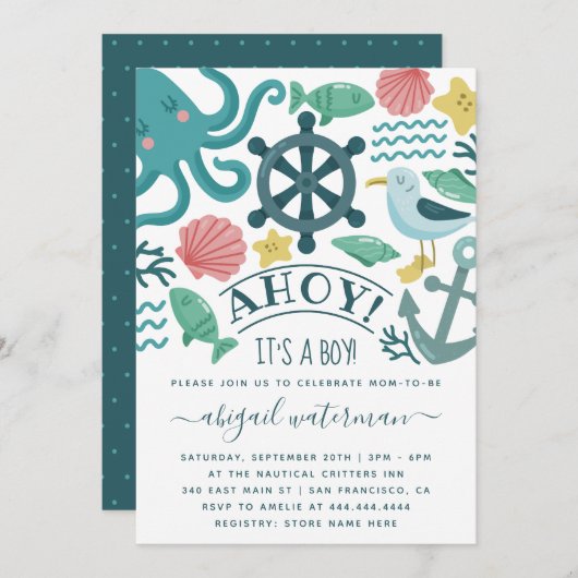 Cute Nautical Zee Critters Het is een Jongen Baby Kaart (Voorkant / Achterkant)