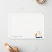 Cute Nautische Blauwe Zeilboot Pastel Kinderverjaa Notitiekaartje (Voorkant / Achterkant in situ)