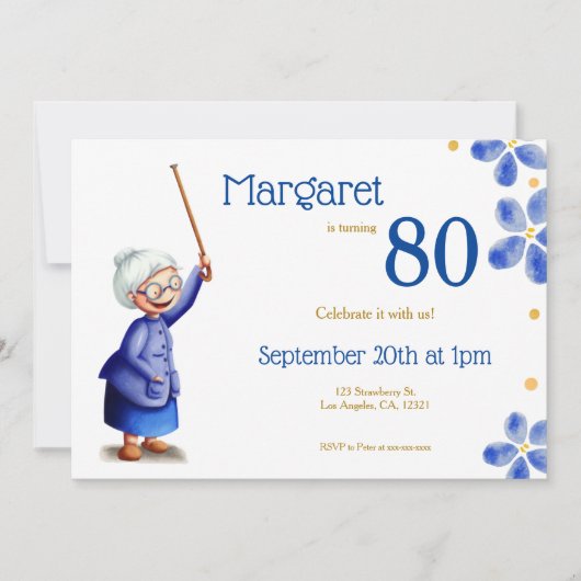 Cute Navy and White Old woman met rietbloem Kaart (Voorkant)