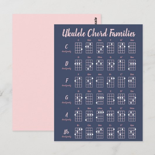 Cute Navy Blue & Blush Pink Ukulele Chord Chart Briefkaart (Voorkant / Achterkant)