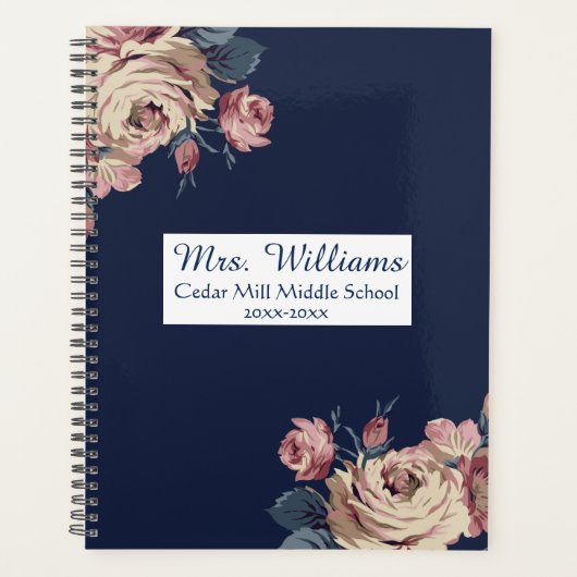 Cute Navy Blue Floral Personalized Teacher Planner (Voorkant)