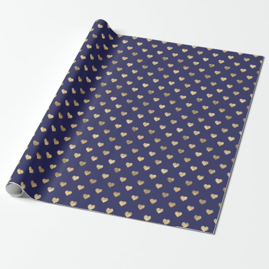 Cute Navy Blue Gold Hearts Pattern  Cadeaupapier (Uitgerold)