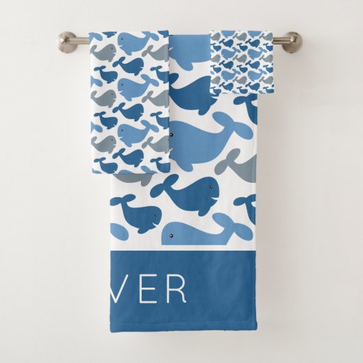 Cute Navy Blue Grey Whale Personated Kinder Bad Handdoek (Insitu)