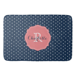 Cute Navy Blue Polka Dots en Coral Monogram Badmat