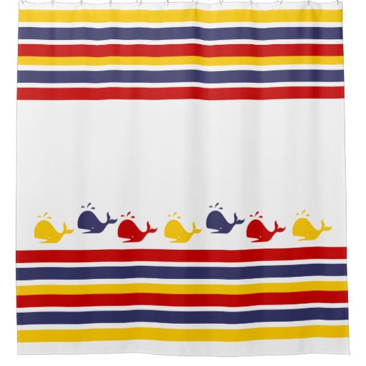 Cute Navy Blue Red Yellow WHALE Striped nautical Douchegordijn (Voorkant)