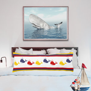 Cute Navy Blue Red Yellow WHALE Striped nautical Lichaamskussen