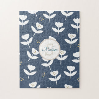 Cute Navy Blue White Floral Monogram Legpuzzel