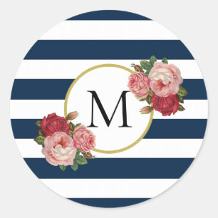 Cute Navy Blue White Striped Retro Floral Monogram Ronde Sticker