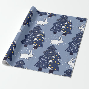 Cute Navy Blue Winter Kerstbomen Snow Wrappin Cadeaupapier