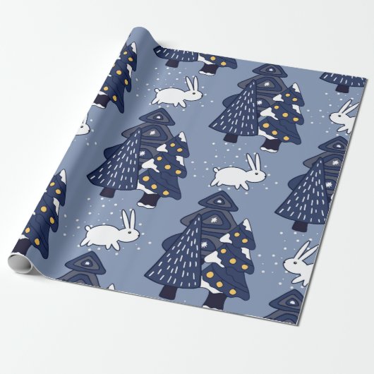 Cute Navy Blue Winter Kerstbomen Snow Wrappin Cadeaupapier (Uitgerold)