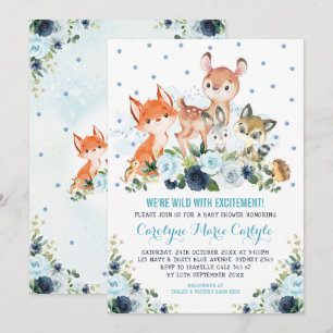 Cute Navy Blue Woodland Forest Animals Baby shower Kaart
