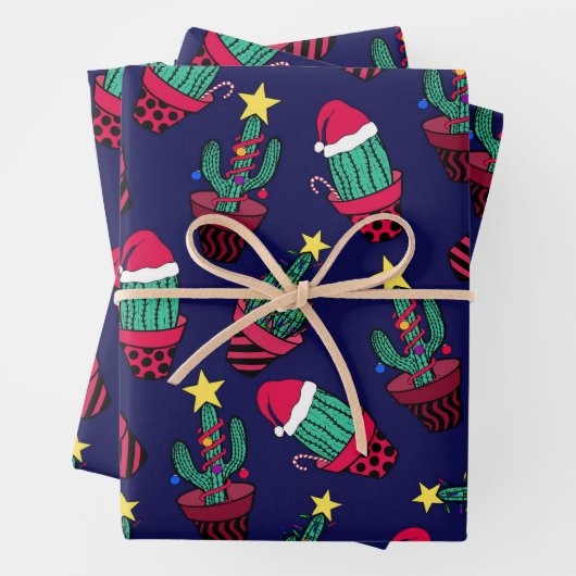 Cute Navy Decorated Cactus Tree Kerstlampjes Inpakpapier Vel (In situ)
