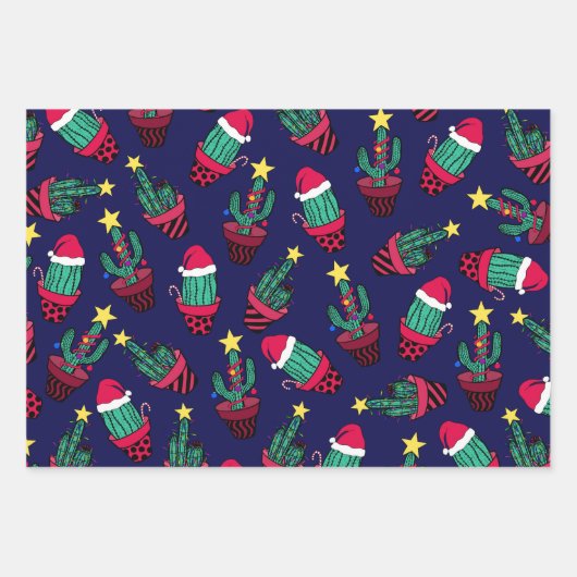 Cute Navy Decorated Cactus Tree Kerstlampjes Inpakpapier Vel (Voorkant)