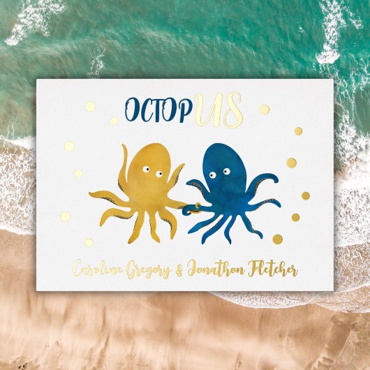 Cute Navy en gouden octopus oceanische bruiloft Folie Uitnodiging