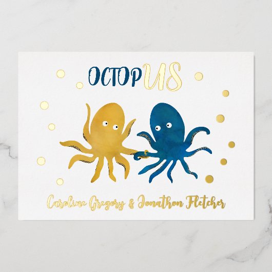 Cute Navy en gouden octopus oceanische bruiloft Folie Uitnodiging (Voorkant)