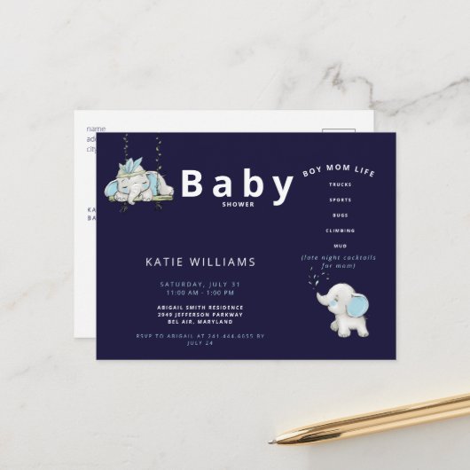Cute Navy Funny Boy Ma Life Baby shower konounce Aankondigingskaart (Voorkant / Achterkant in situ)