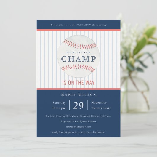 Cute Navy Ons kleine Champ Baseball Baby shower Kaart (Staand voorkant)