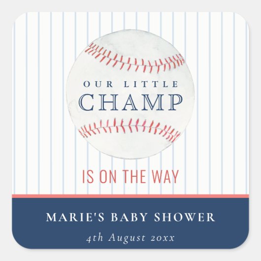 Cute Navy Our Little Champ Baseball Baby shower N Vierkante Sticker (Voorkant)