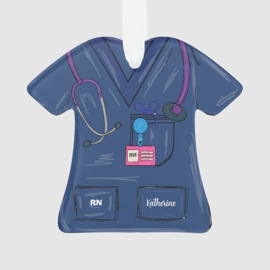Cute Navy Personalized Nurse Scrub Kerstmis Ornament (achterkant)