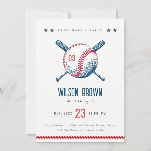 Cute Navy Red Baseball Bat Star Kids Birthday Kaart (Voorkant)