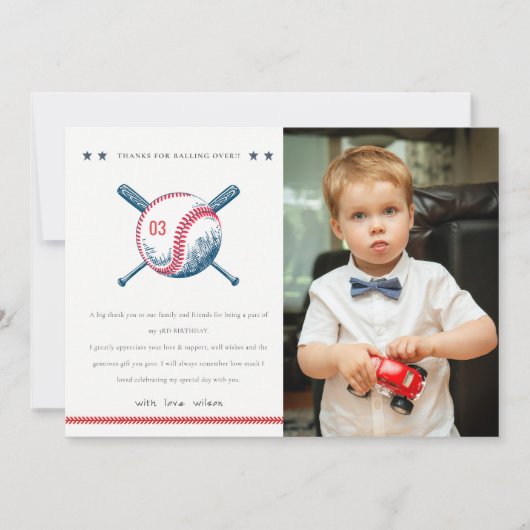 Cute Navy Red Baseball Kinder Foto Birthday Bedankkaart (Voorkant)