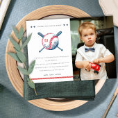 Cute Navy Red Baseball Kinder Foto Birthday Bedankkaart
