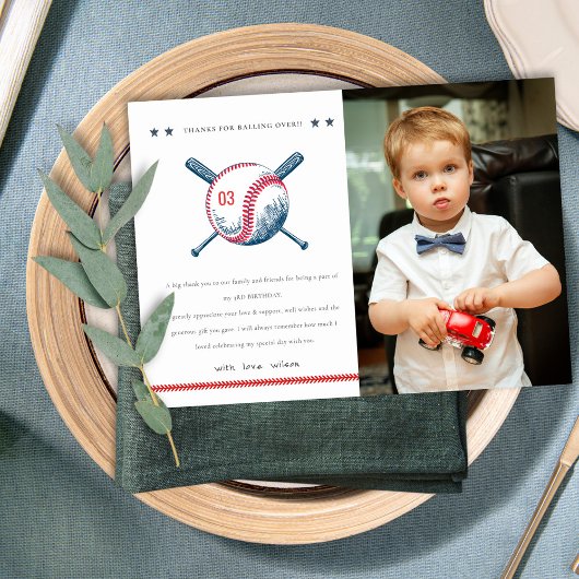 Cute Navy Red Baseball Kinder Foto Birthday Bedankkaart