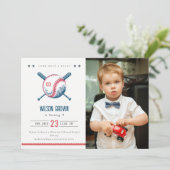 Cute Navy Red Baseball Kinder Foto Birthday Kaart (Staand voorkant)