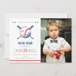 Cute Navy Red Baseball Kinder Foto Birthday Kaart
