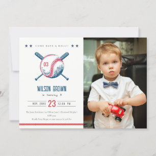 Cute Navy Red Baseball Kinder Foto Birthday Kaart