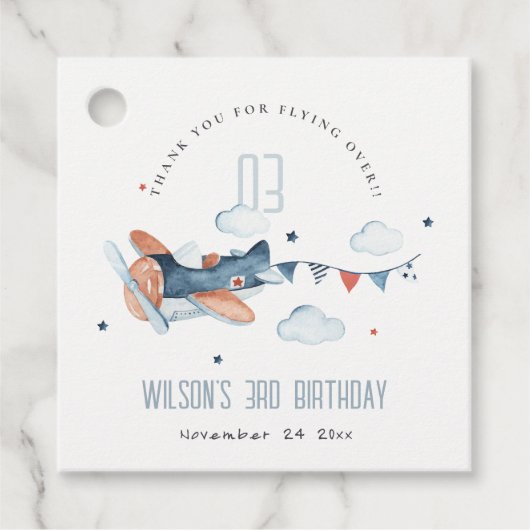 Cute Navy Rust Kinder Plane Stars Sky Cloud Birthd Bedankjes Labels (Voorkant)