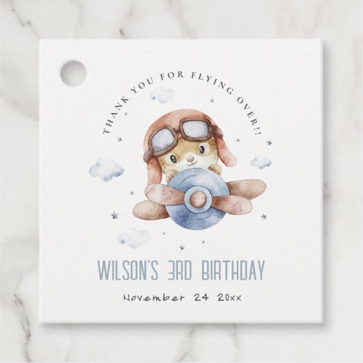 Cute Navy Rust Kinder Plane Stars Sky Teddy Birthd Bedankjes Labels (Voorkant)