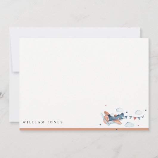 Cute Navy Rust Plane Cloud Sky Stars Verjaardag Notitiekaartje (Voorkant)