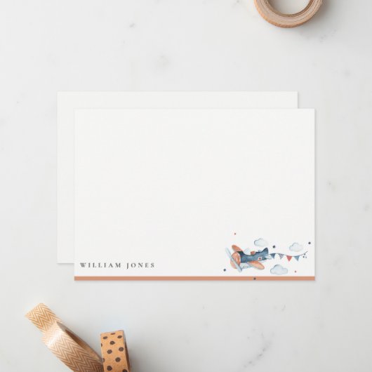 Cute Navy Rust Plane Cloud Sky Stars Verjaardag Notitiekaartje (Voorkant / Achterkant in situ)