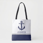 Cute Navy White Nautical Rope Anchor Monogram Tote Bag (Voorkant)